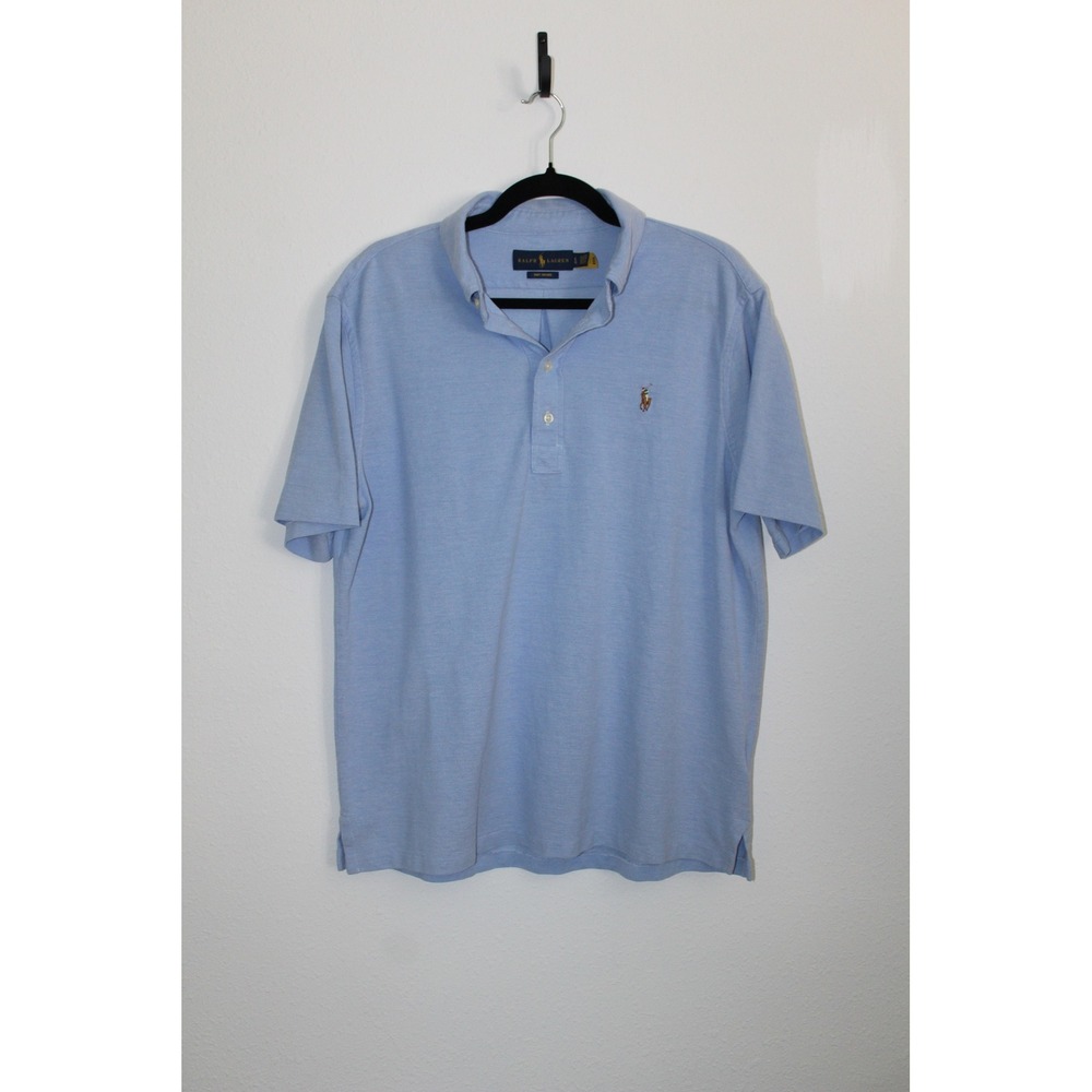 Ralph Lauren Mens Knit Oxford Polo Shirt Light Blue Short Sleeve Size L Pony